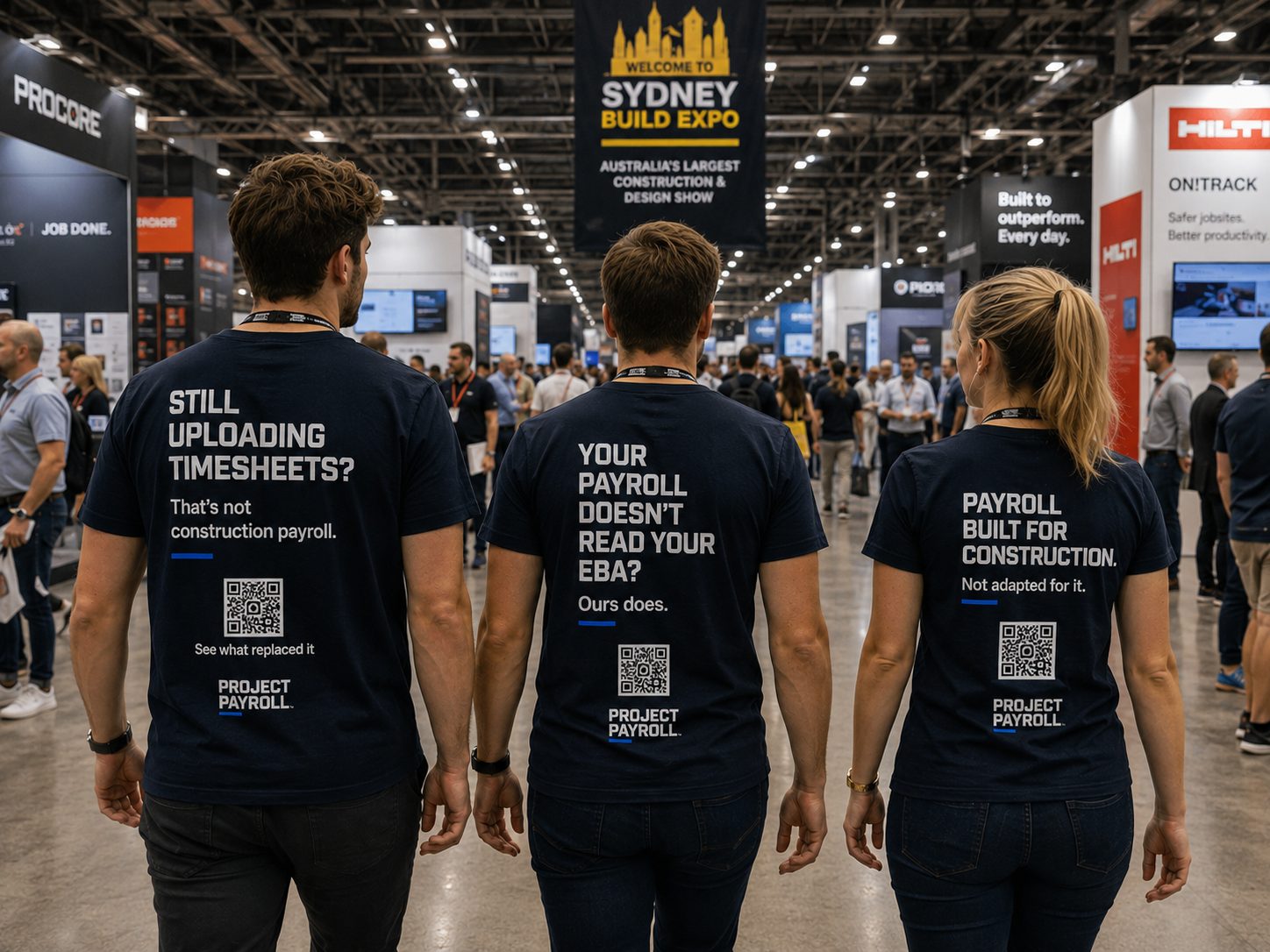 Three Project Payroll team members seen from behind in navy shirts reading Still uploading timesheets, Your payroll doesn't read your EBA, and Payroll built for construction