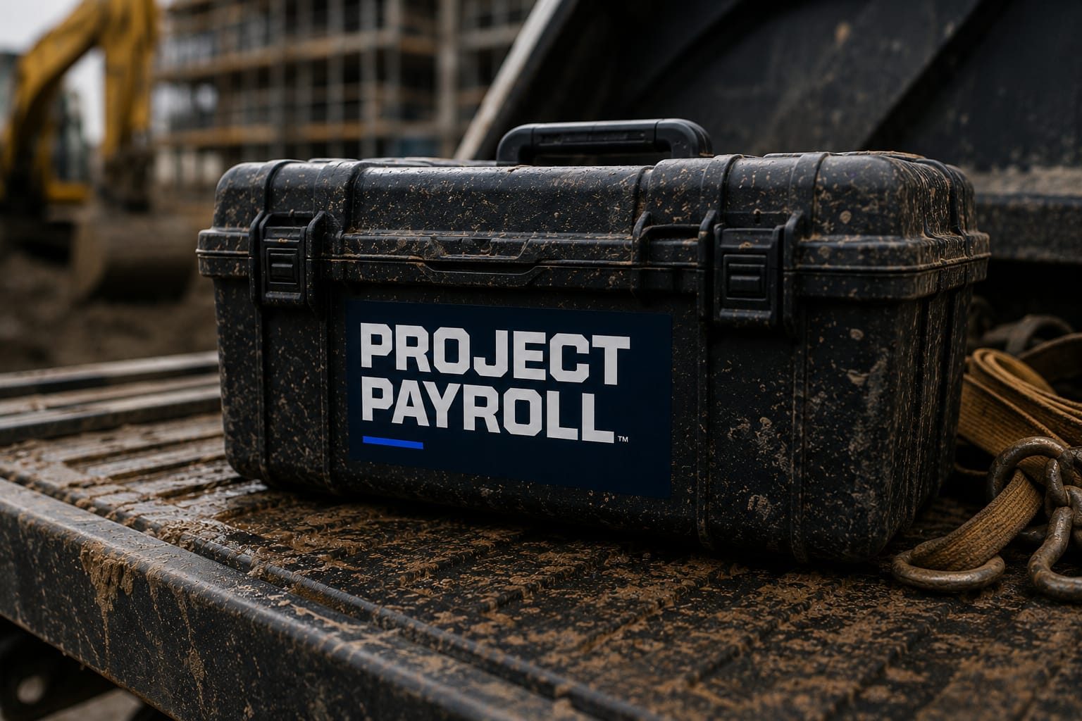 Mud splattered black toolbox with a Project Payroll sticker, sitting on a wet ute tray on a construction site