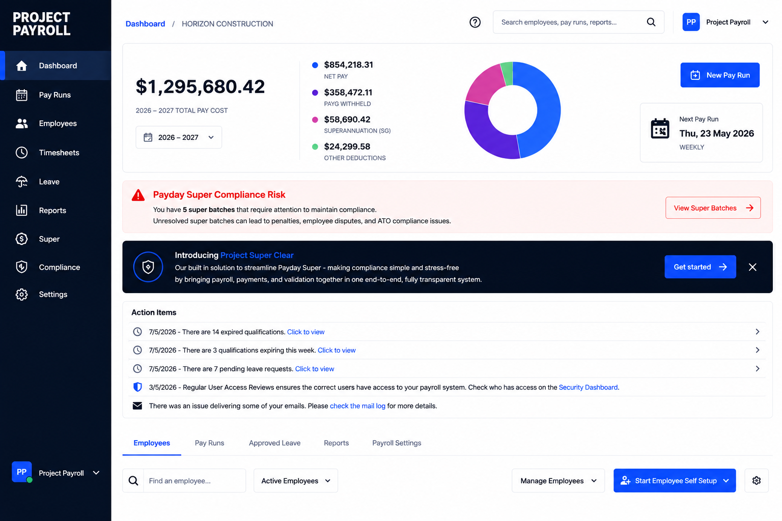 Project Payroll dashboard for Horizon Construction showing total pay cost, PAYG withheld, superannuation, payday super compliance risk and the next pay run date