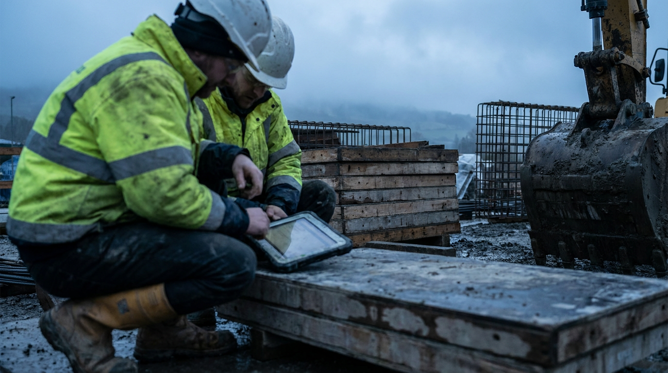 Construction workers reviewing payroll details on a tablet at an Australian building site