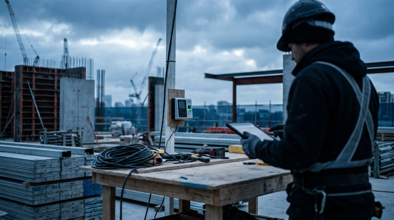 Construction supervisor using a tablet beside workers and building materials on an Australian commercial construction site