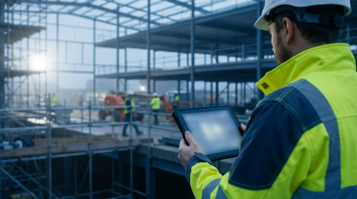 Construction supervisor reviewing payroll figures on a tablet beside a partly completed commercial building