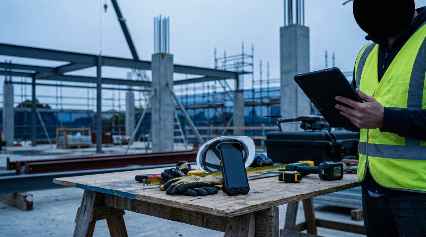 Payroll worker using a tablet beside tradespeople and equipment on an Australian construction site