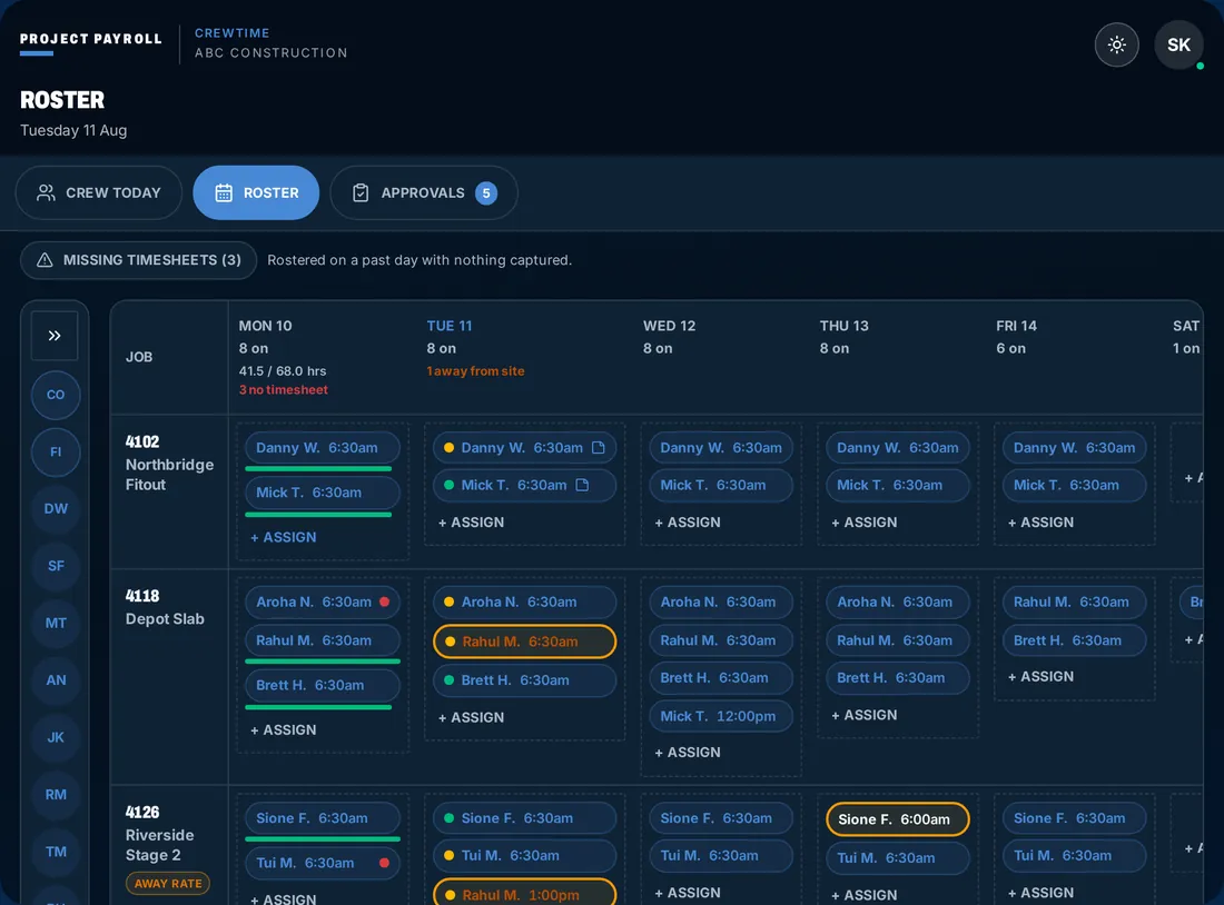 CrewTime roster week view showing live crew status across jobs
